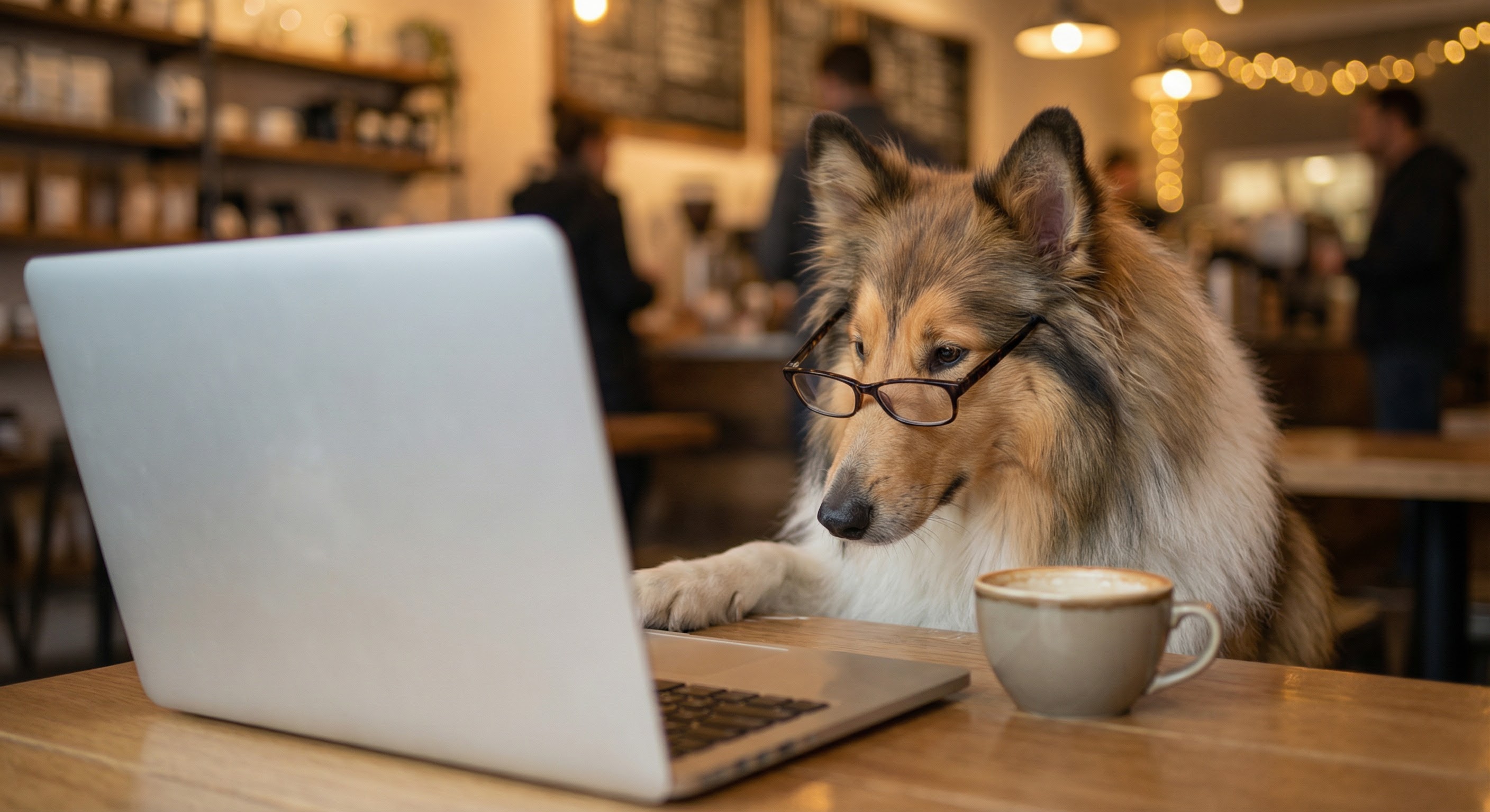 Rough coat collie wearing readers working on a laptop in a coffee shop.